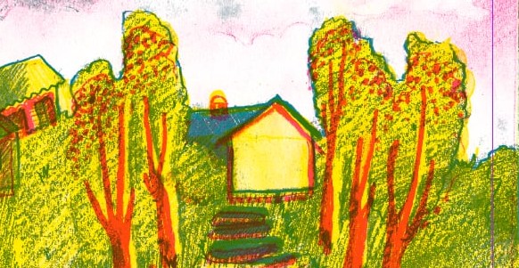 Färgstark illustration av huset, omgivet av gröna träd och en trappa genom trädgården